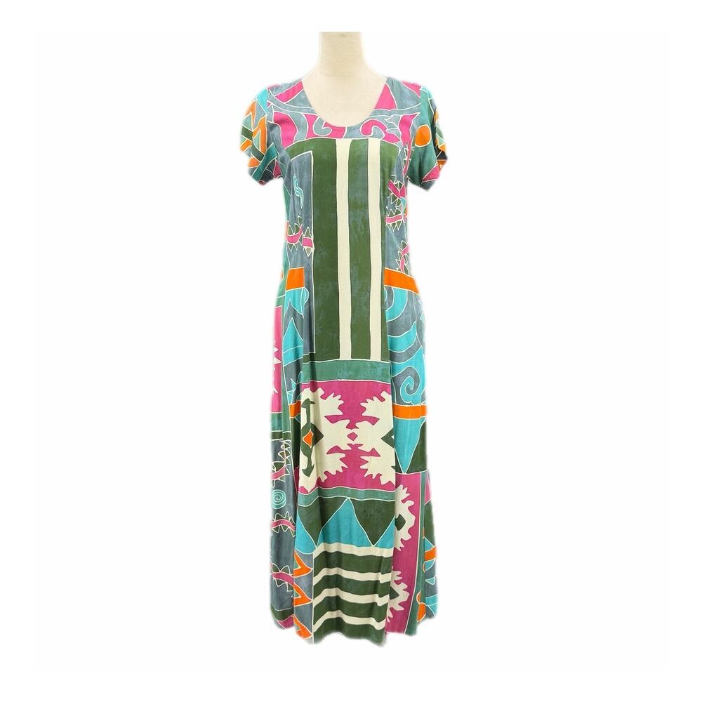 Tropical Tantrum Hawaii Colorful Abstract Geometric Short Sleeve Maxi Dress
